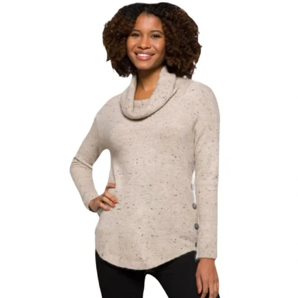 EUC! Cozy oatmeal Beige Cowl Neck Sweater with side buttons Size Large - Picture 14 of 14